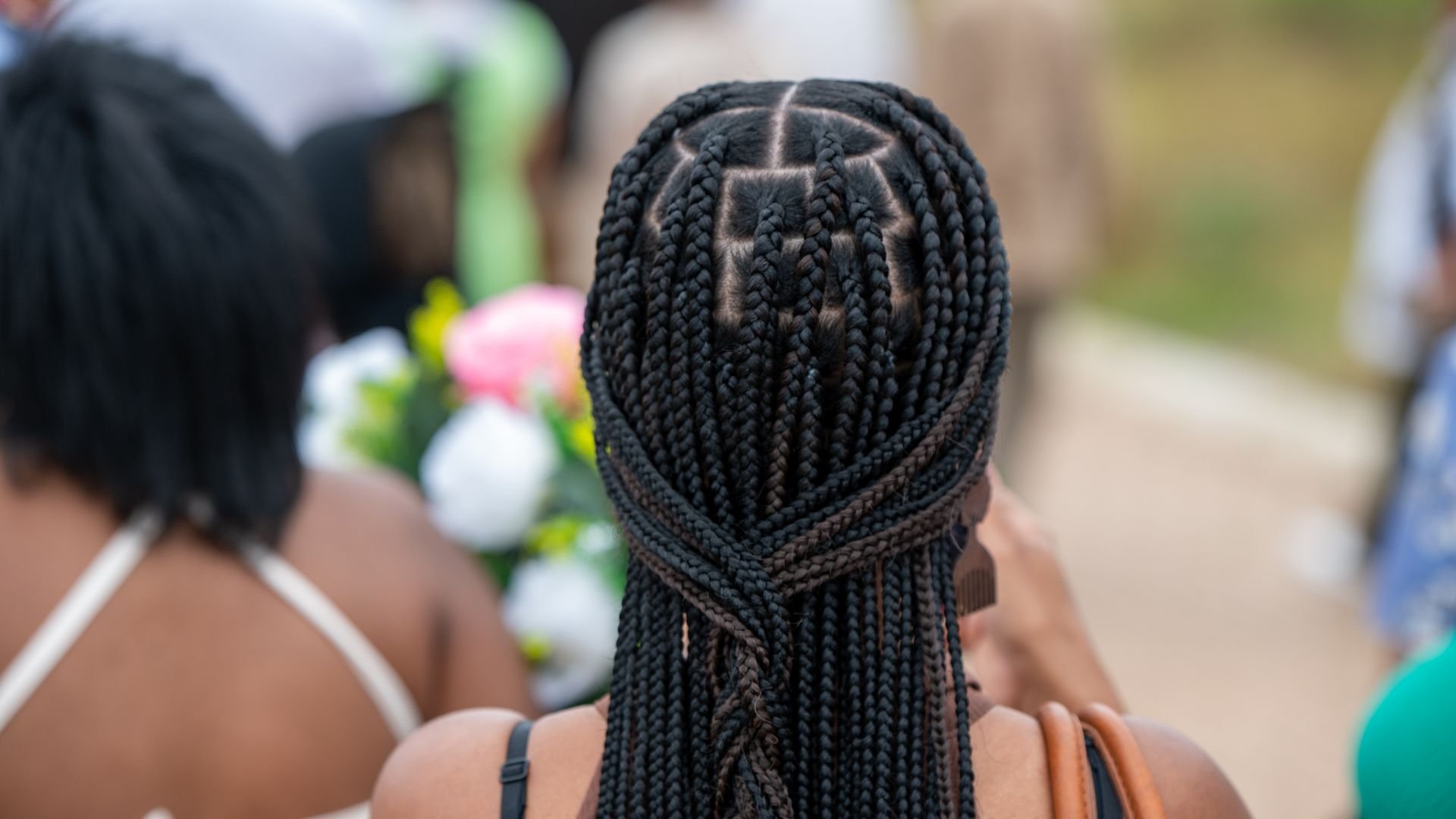 Back view of intricate braided hairstyle with precise geometric parts