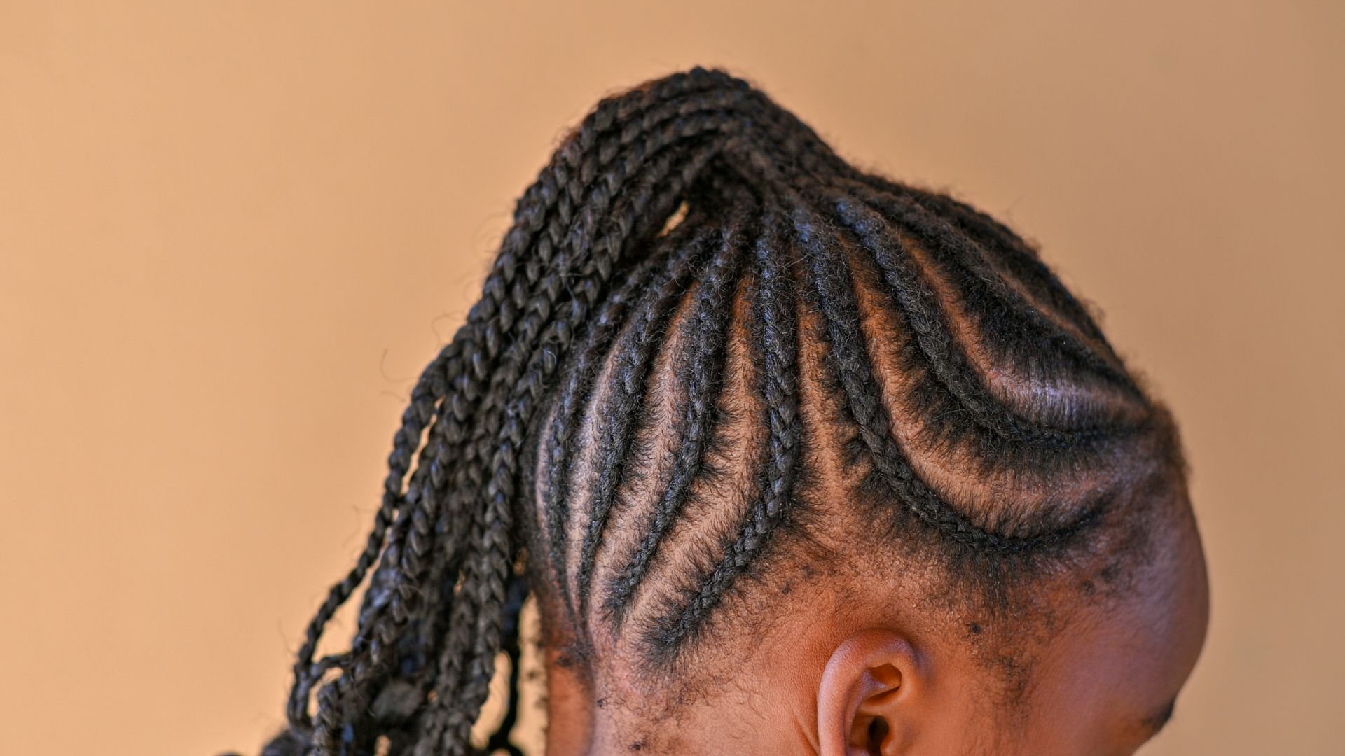 Tight braids styled close to the scalp in a precise pattern