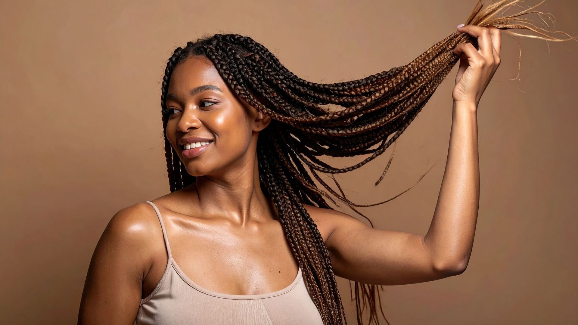 Smiling woman with long braids moving and holding hair strands