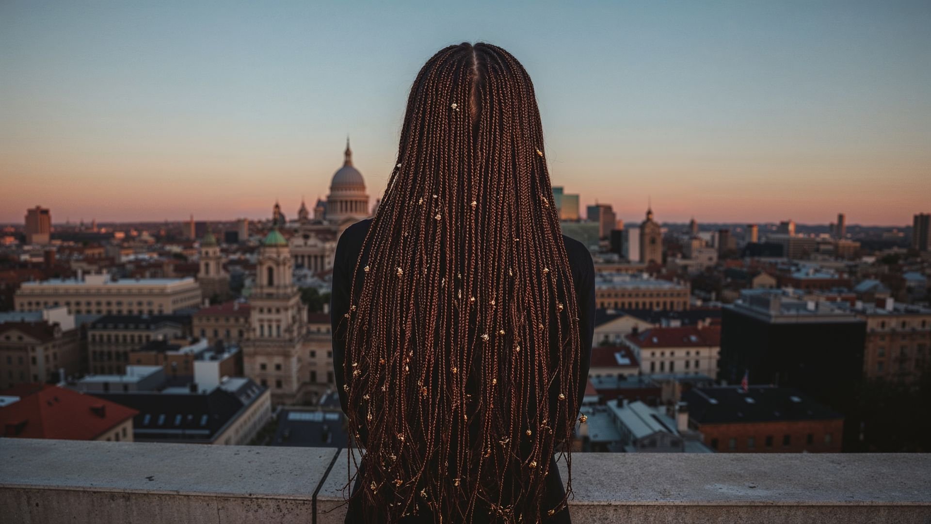 Person with braided hair overlooking London cityscape at sunset