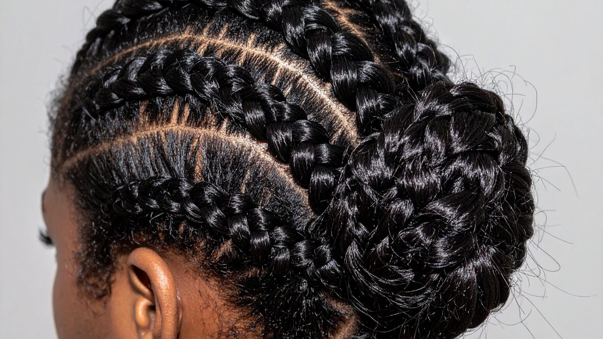 Intricate black braided hairstyle with multiple cornrows and curled ends